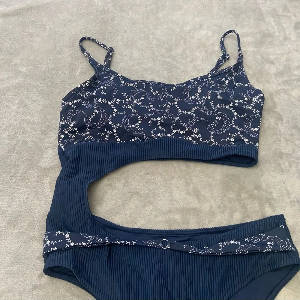 New! Frankie’s Bikinis Thea Ribbed One-piece Swimsuit navy blue 24128